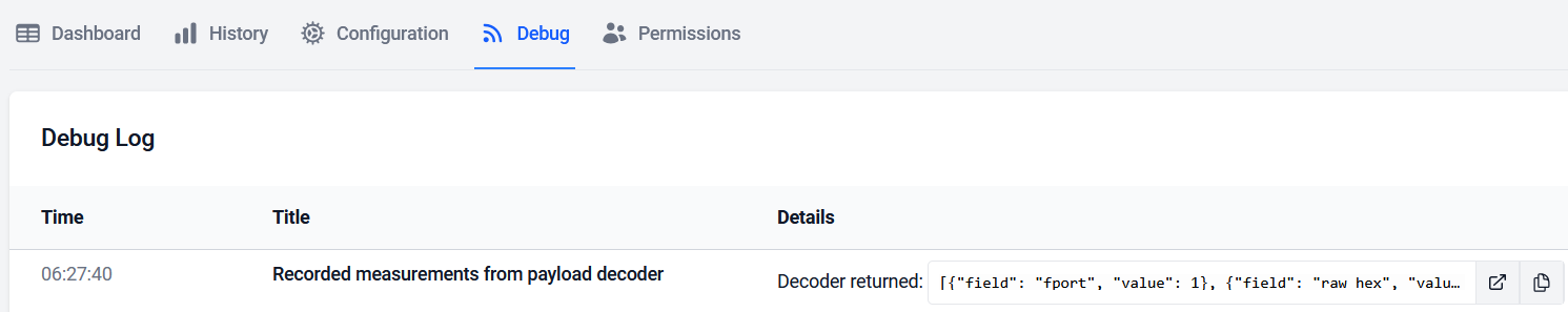 Check decoded data in the device Debug Log