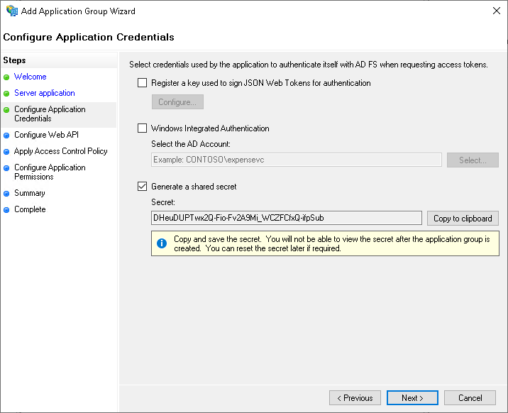 Configure Application Credentials step screenshot