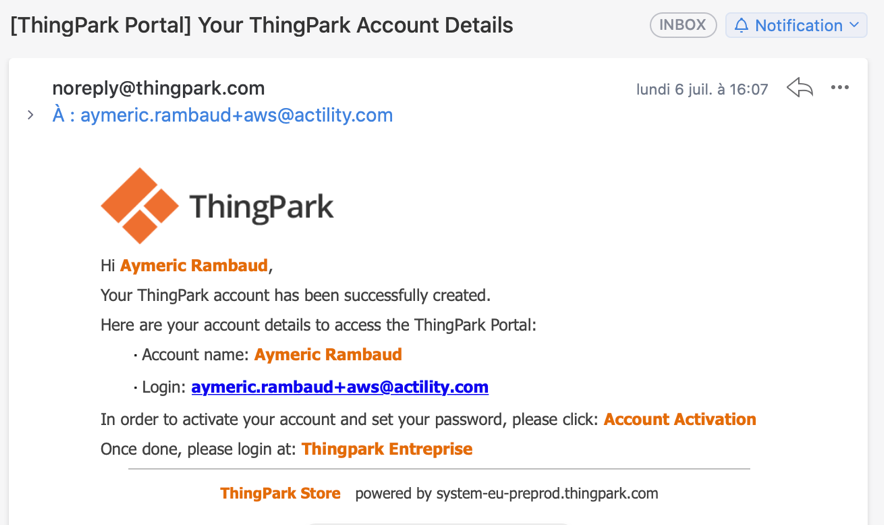 ThingPark Enterprise Account Activation Email