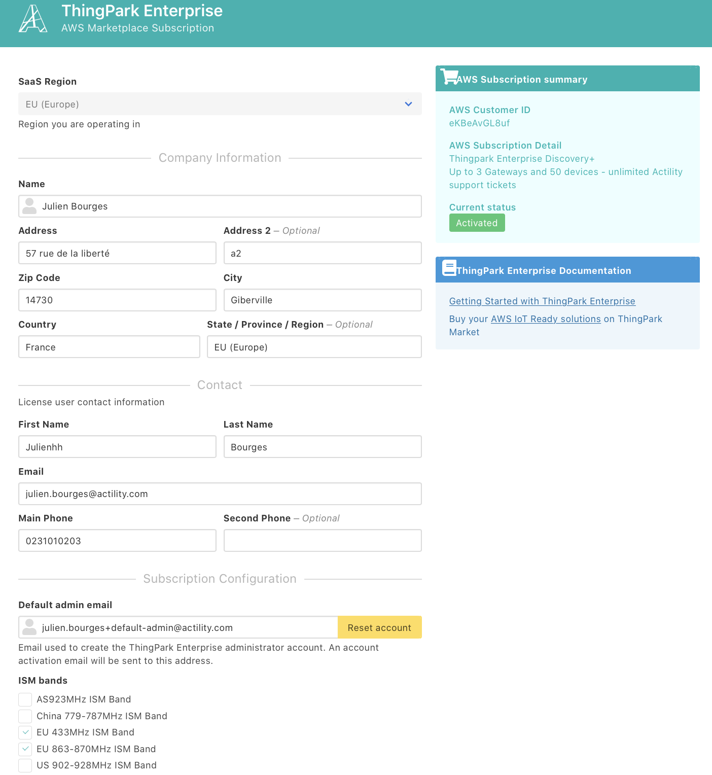 Actility Central - AWS Subscription Management page