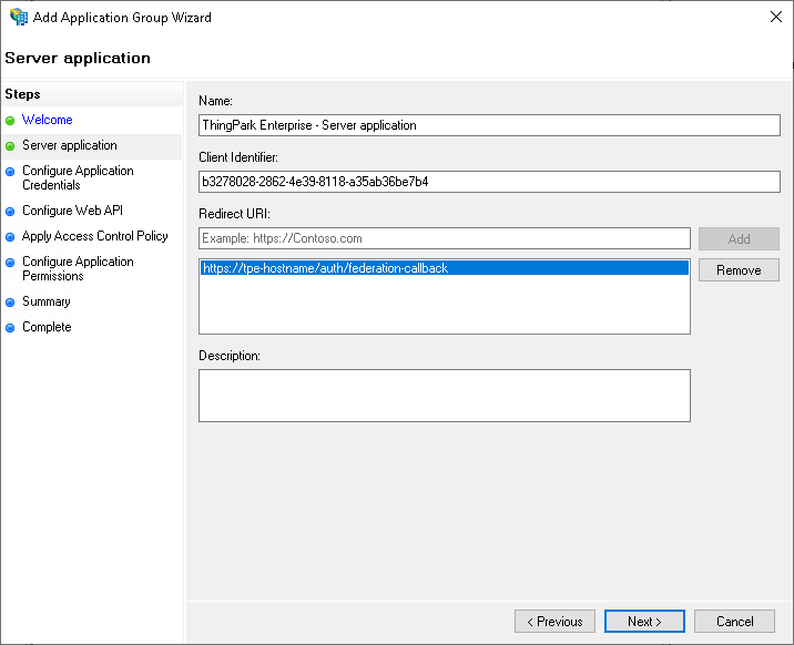 Capture d'écran de l'étape de l'application serveur