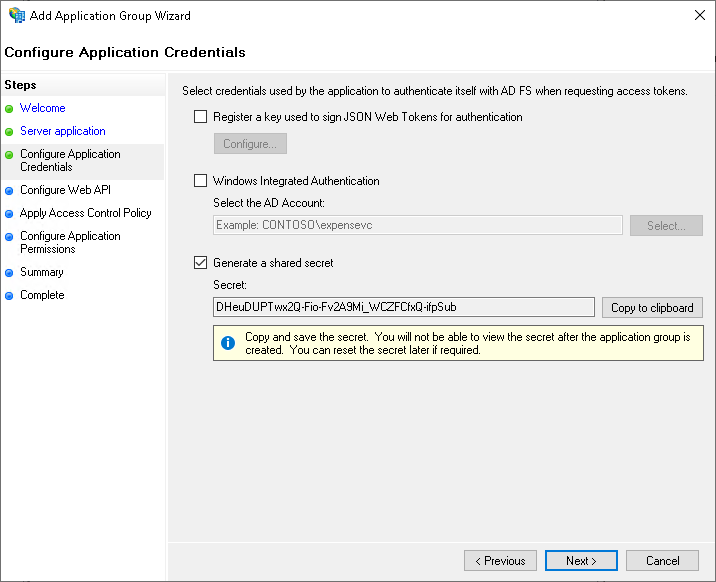 Capture d'écran de l'étape de configuration des informations d'application