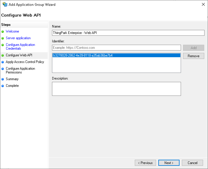 Capture d'écran de la configuration de l'API Web