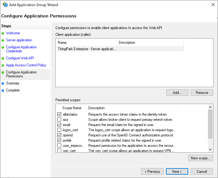 Capture d'écran de l'étape de configuration des autorisations de l'application