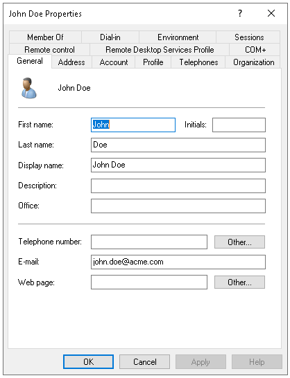 Capture d'écran des propriétés de l'utilisateur avec un email