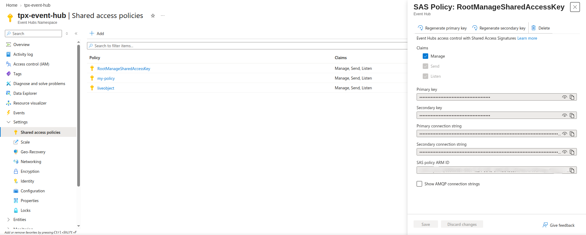 Azure Event Hubs shared access policy