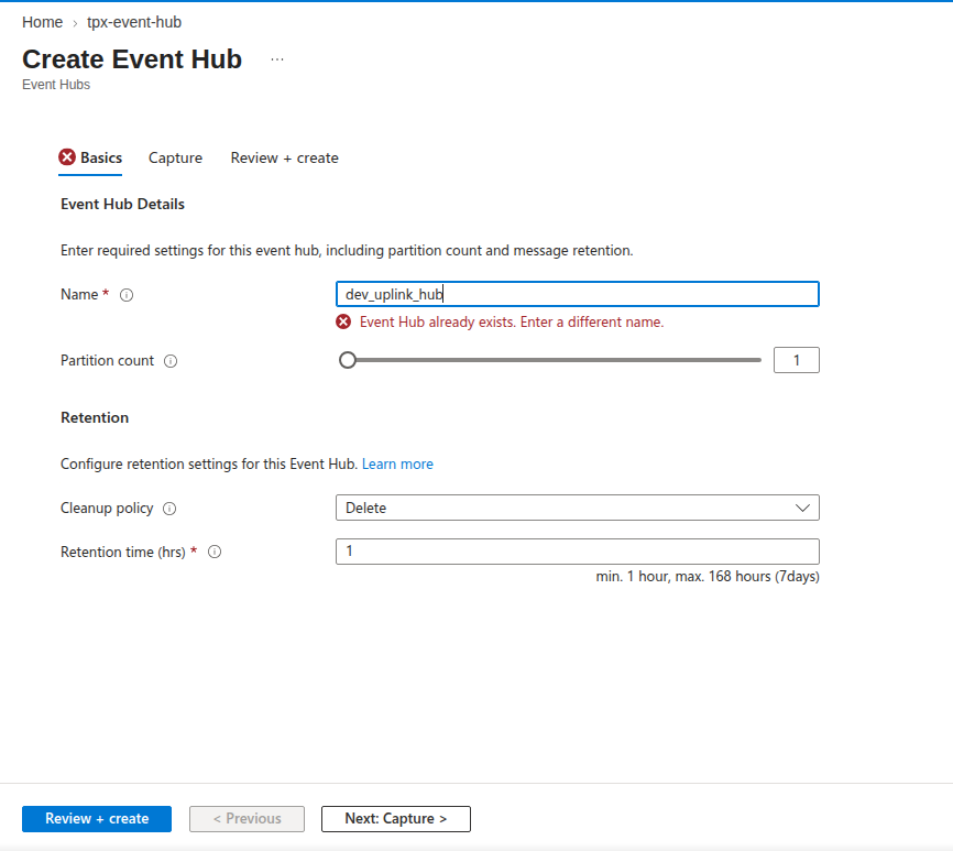Azure Event Hub creation with partition count