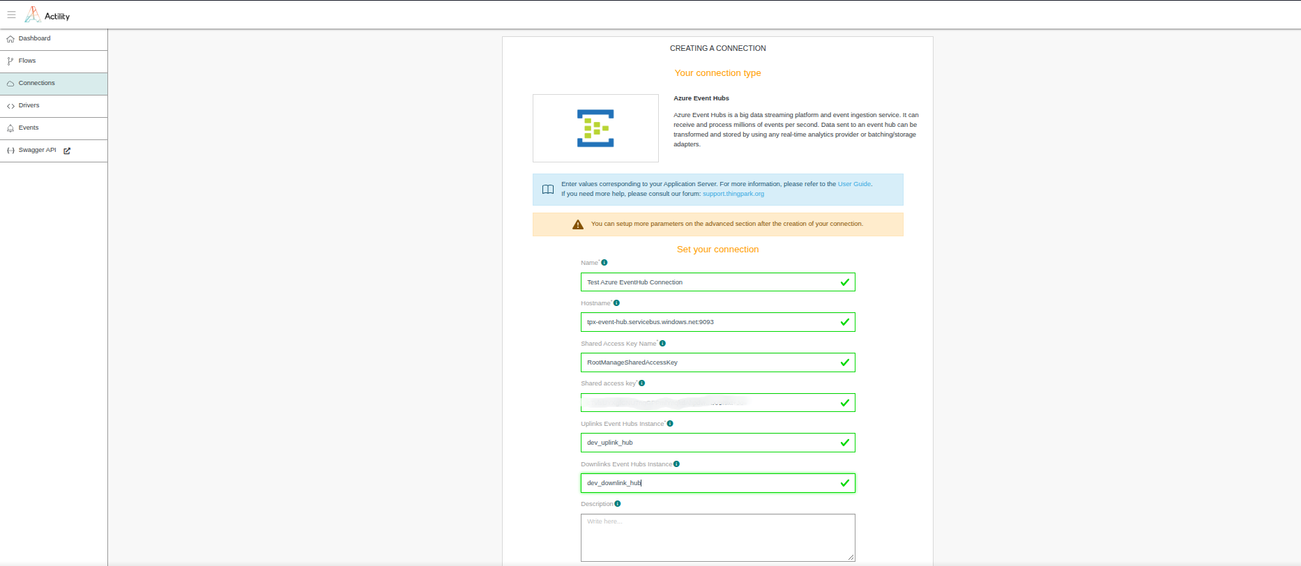 Azure Event Hubs connection form